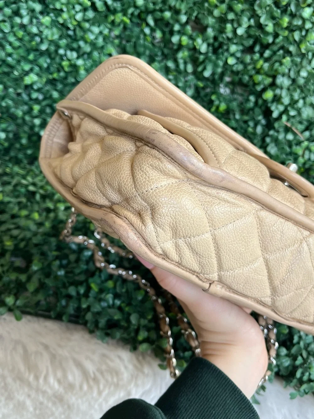 CHANEL Beige Quilted Leather Shoulder Bag with Silver-Tone CC